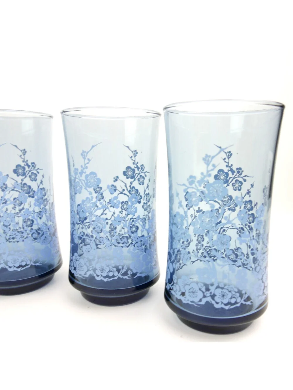 Vintage Libbey Oriental Blue Dogwood Floral Tumbler Glasses Set of 7 MCM 1970s